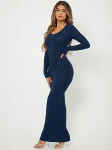 SHEIN SXY Solid Maxi Bodycon Dress - Navy Blue - View 5