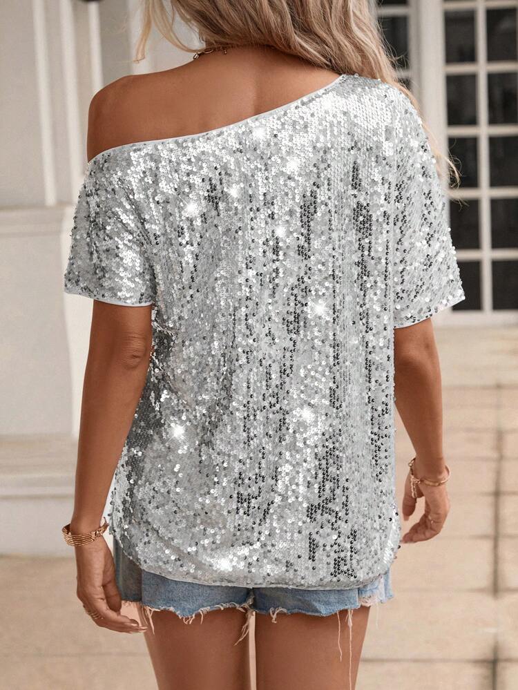 Asymmetrical Neck Batwing Sleeve Sequin Blouse,Short Sleeve Tops