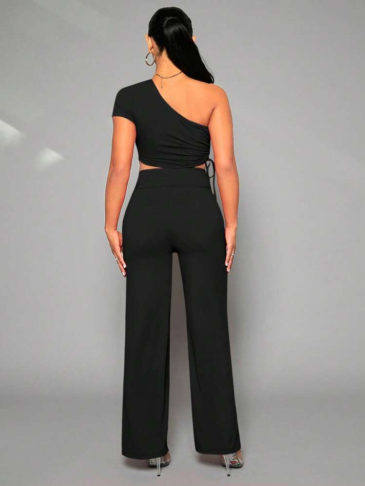 SHEIN SXY Asymétrique À Cordon Top Court & Pantalon Évasé - Noir - Voir 2