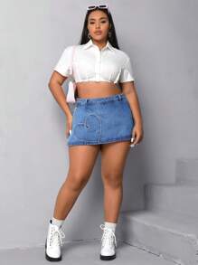 大碼愛心圖案牛仔裙褲 - 中等水洗藍 - 查看 3