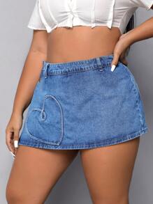 大碼愛心圖案牛仔裙褲 - 中等水洗藍 - 查看 4