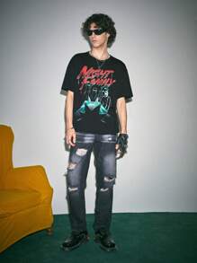 ROMWE MEN Rick and Morty | ROMWE Men Letter & Figure Graphic Tee - Black - View 4