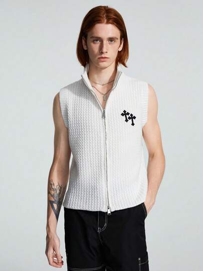 Goth Guys Cross Pattern Zip Up Sweater Vest