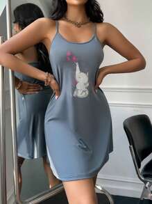 Camisón pijama con estampado de dibujos animados - Neblina azul - Ver 3