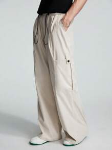 ROMWE MEN Street Life 男士腰部抽繩側口袋長褲 - 米色 - 查看 4