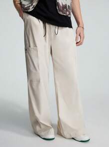 ROMWE MEN Street Life 男士腰部抽繩側口袋長褲 - 米色 - 查看 5