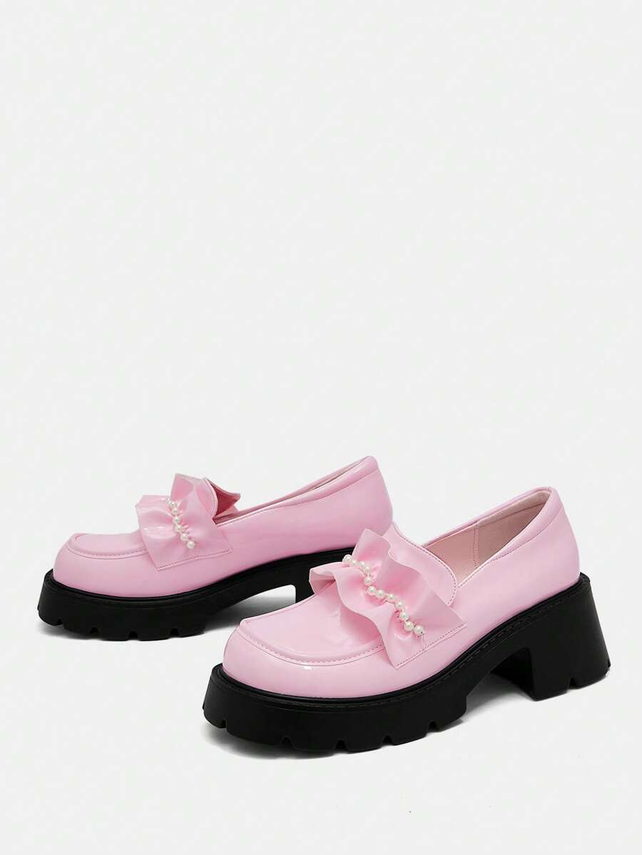 SHEIN MOD 女性學院風珍珠裝飾用品蕾絲粉色的厚鞋