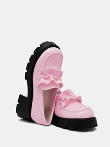 SHEIN MOD 女性學院風珍珠裝飾用品蕾絲粉色的厚鞋