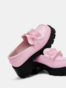 SHEIN MOD 女性學院風珍珠裝飾用品蕾絲粉色的厚鞋