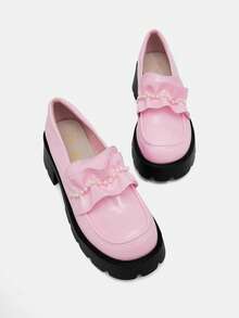 SHEIN MOD 女性學院風珍珠裝飾用品蕾絲粉色的厚鞋