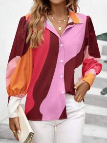 SHEIN Unity Áo sơ mi nữ Nút phía trước Khối Màu Giải trí - Nhiều màu - Xem 3
