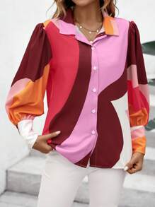 SHEIN Unity Áo sơ mi nữ Nút phía trước Khối Màu Giải trí - Nhiều màu - Xem 4