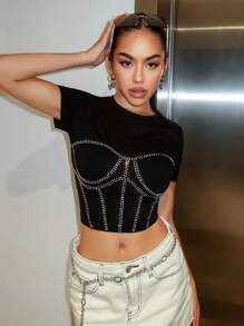 SHEIN ICON Rhinestone Detail Crop Tee - Black - View 2