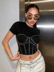 SHEIN ICON Rhinestone Detail Crop Tee - Black - View 1