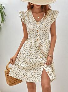 SHEIN Frenchy 碎花荷葉邊前紐扣連衣裙 - 彩色 - 查看 1