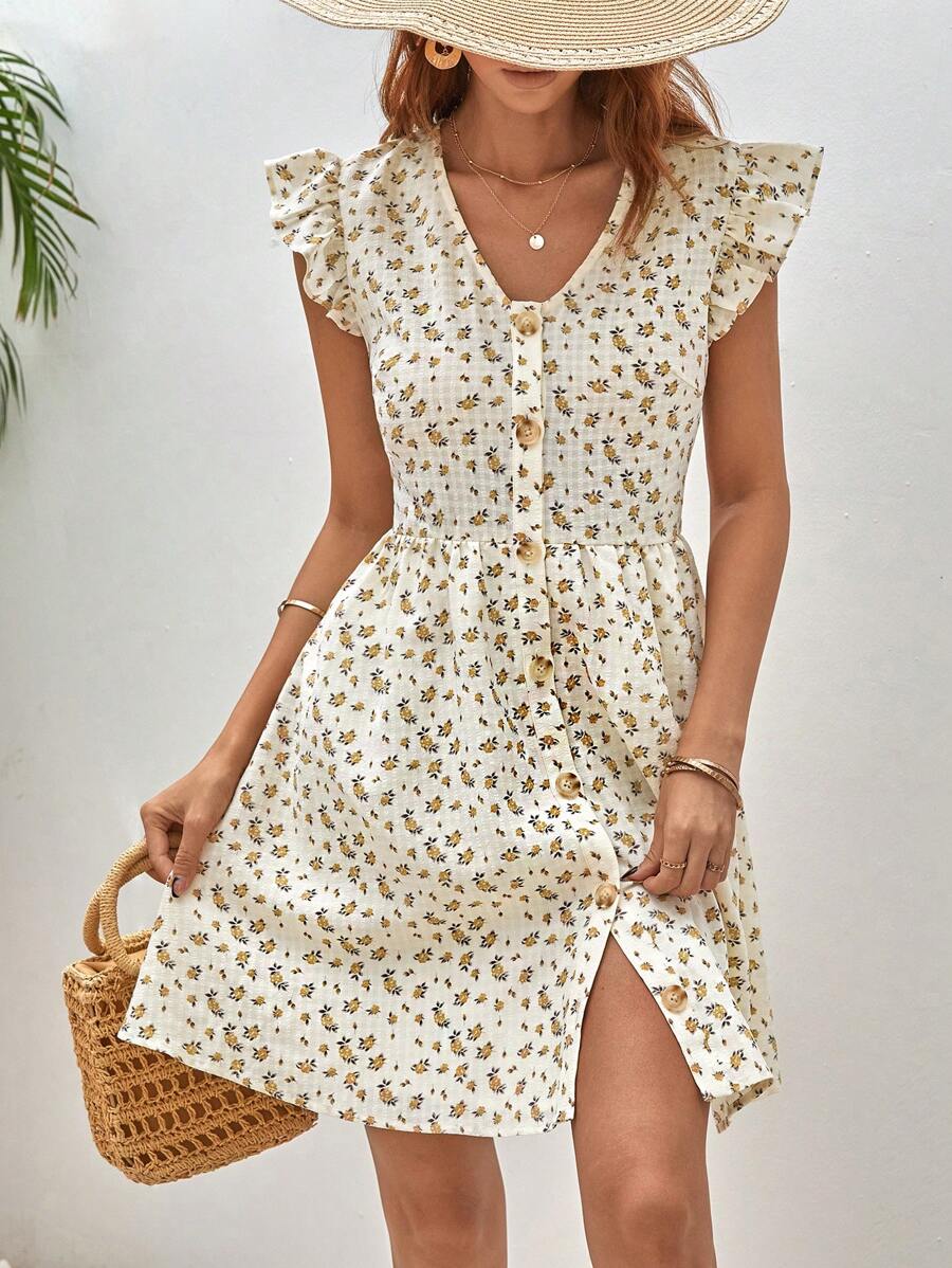 SHEIN Frenchy 碎花荷葉邊前紐扣連衣裙 - 彩色 - 查看 1