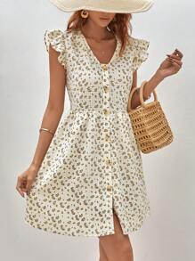 SHEIN Frenchy 碎花荷葉邊前紐扣連衣裙 - 彩色 - 查看 3