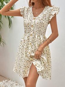 SHEIN Frenchy 碎花荷葉邊前紐扣連衣裙 - 彩色 - 查看 6