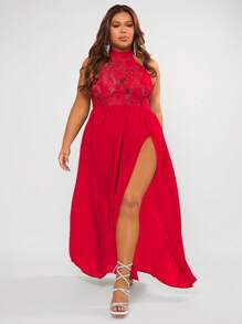 SHEIN SXY Plus Contrast Lace Split Thigh Halter Neck Dress - Red - View 1