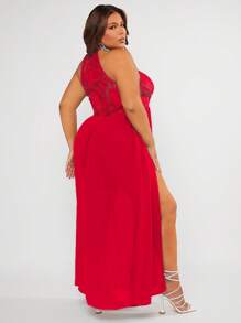 SHEIN SXY Plus Contrast Lace Split Thigh Halter Neck Dress - Red - View 2