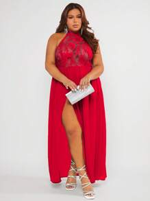 SHEIN SXY Plus Contrast Lace Split Thigh Halter Neck Dress - Red - View 4