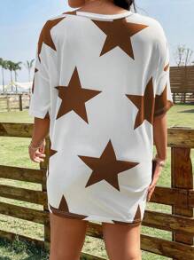 SHEIN LUNE Áo thun hở vai in hình ngôi sao Plus Áo thun họa tiết cho nữ - màu nâu - Xem 2