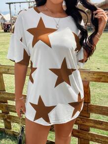 SHEIN LUNE Áo thun hở vai in hình ngôi sao Plus Áo thun họa tiết cho nữ - màu nâu - Xem 3