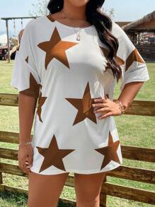 SHEIN LUNE Áo thun hở vai in hình ngôi sao Plus Áo thun họa tiết cho nữ - màu nâu - Xem 4