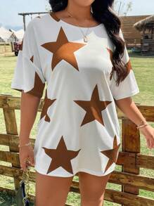 SHEIN LUNE Áo thun hở vai in hình ngôi sao Plus Áo thun họa tiết cho nữ - màu nâu - Xem 5