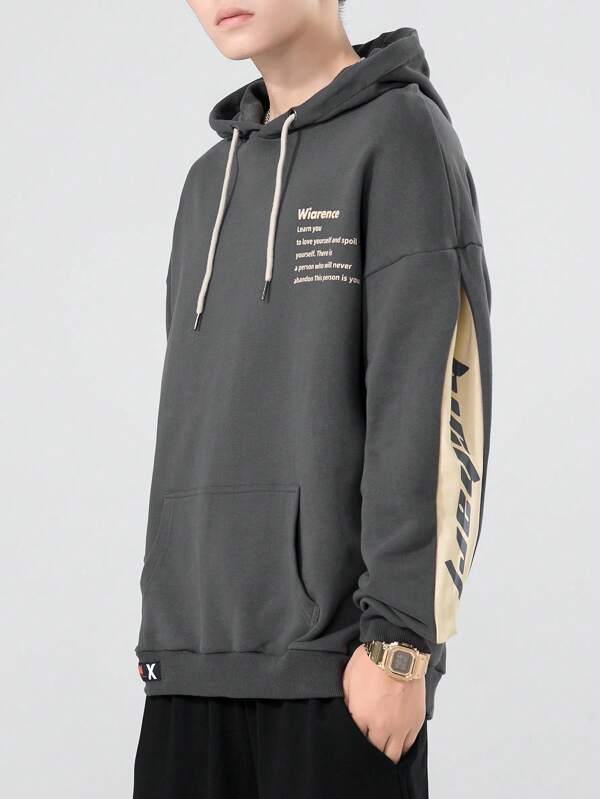 Men Slogan Graphic Kangaroo Pocket Drawstring Hoodie