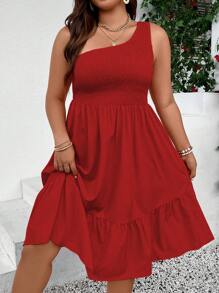 SHEIN Holidaya Hơn Một bờ vai Xù Hoa Sen Đầm - Đỏ - Xem 1