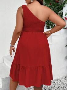 SHEIN Holidaya Hơn Một bờ vai Xù Hoa Sen Đầm - Đỏ - Xem 2