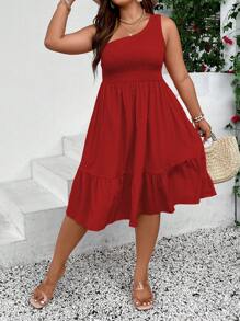 SHEIN Holidaya Hơn Một bờ vai Xù Hoa Sen Đầm - Đỏ - Xem 3