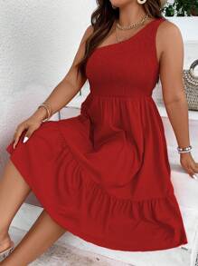 SHEIN Holidaya Hơn Một bờ vai Xù Hoa Sen Đầm - Đỏ - Xem 6