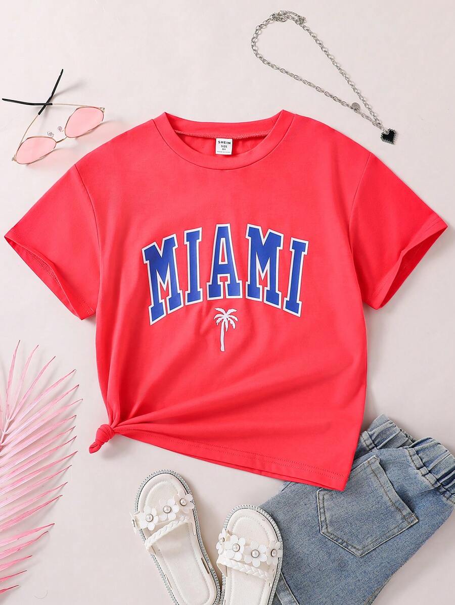 cô gái mười hai Đồ họa Chữ cái Áo thun - Đỏ - Xem 1