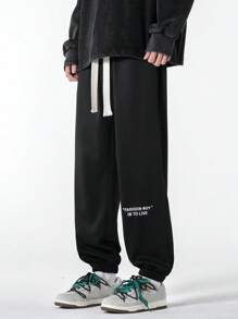 男士字母圖案腰部抽繩衛褲 - 黑色 - 查看 3