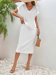 SHEIN Frenchy tay cánh Áo thun & Váy - trắng - Xem 5