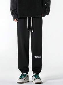 男士字母圖案腰部抽繩衛褲 - 黑色 - 查看 5