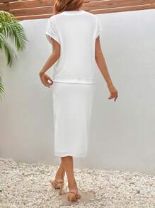 SHEIN Frenchy tay cánh Áo thun & Váy - trắng - Xem 2