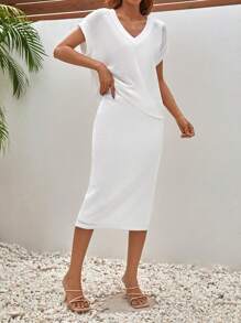 SHEIN Frenchy tay cánh Áo thun & Váy - trắng - Xem 6