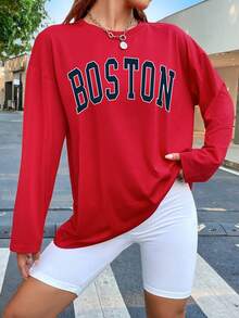 SHEIN Coolane 字母圖案落肩T恤 - 紅色 - 查看 4