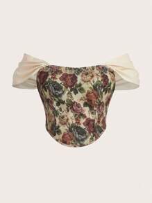 Sunnyshic Plus Floral Print Off Shoulder Ruffle Trim Curved Hem Top - Multicolor - View 1