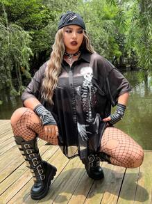 ROMWE PUNK Plus Skeleton Print Drop Shoulder Mesh Shirt Without Tube Top, School For Summer - Black - View 7