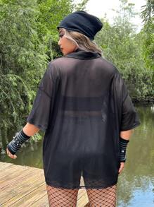 ROMWE PUNK Plus Skeleton Print Drop Shoulder Mesh Shirt Without Tube Top, School For Summer - Black - View 2