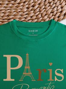 SHEIN LUNE Heart And Letter Graphic Tee - Green - View 6