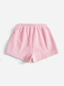 ROMWE Kawaii Cartoon Graphic Knot Waist Teddy Shorts - Pink - View 2