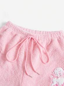 ROMWE Kawaii Cartoon Graphic Knot Waist Teddy Shorts - Pink - View 4