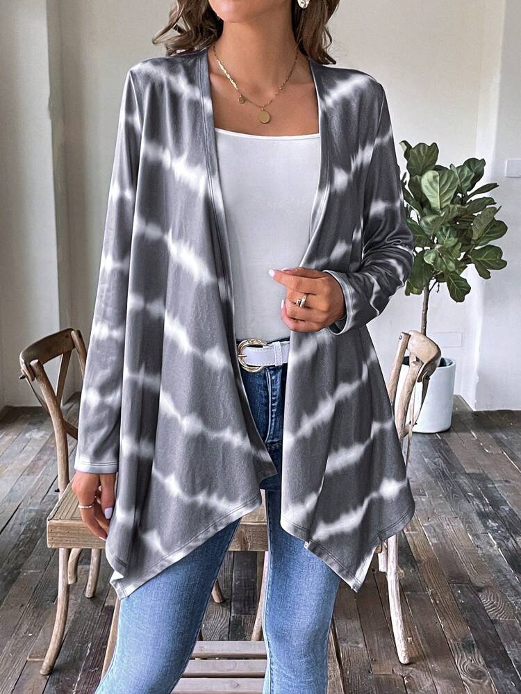 Tie Dye Open Front Asymmetrical Hem Coat