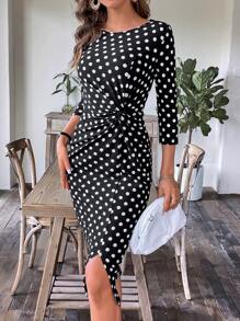 SHEIN Clasi 波點圖案前扭結下擺開叉洋裝 - 黑與白 - 查看 5