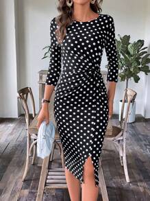 SHEIN Clasi 波點圖案前扭結下擺開叉洋裝 - 黑與白 - 查看 6
